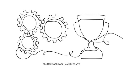 Línea continua de engranajes un icono de engranaje de arte rueda de fábrica de negocios de trabajo. Línea continua de engranajes de contorno de ajuste de computadora Vector de rueda dentada tecnología de dibujo de dibujo de ciencia de carrera máquina de fondo cerebral.