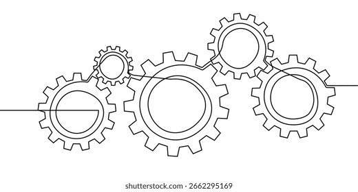 Gear continuous line one art icon cog work business factory wheel. Continuous line gear outline vector setting computer cogwheel technology sketch drawing science stroke machine brain background.