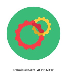 Gear cooperation round sticker. Unity and team collaborative, abstract techno circle icon for modern and retro technological design. Simple color vector pictogram isolated on white background