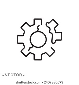 gear crack, broken gear, failed part icon, broken mechanism, thin line symbol isolated on white background, editable stroke eps 10 vector illustration