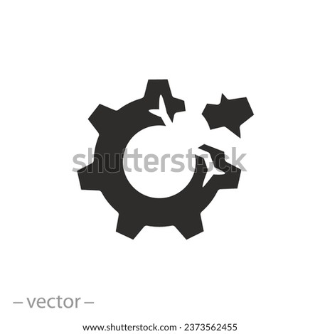 gear crack icon, failed part, broken mechanism, flat symbol - editable stroke vector illustration