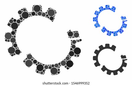 Gear crash mosaic of circle elements in various sizes and shades, based on gear crash icon. Vector circle elements are organized into blue collage.  