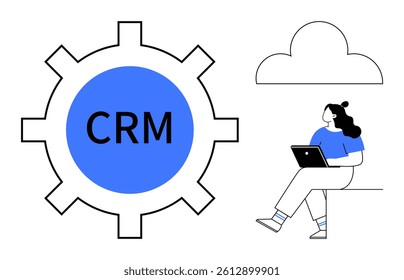 Gear with CRM label, cloud icon, person working on laptop. Ideal for CRM systems, cloud computing, online collaboration, business management, productivity tools, customer support, data analysis. Line