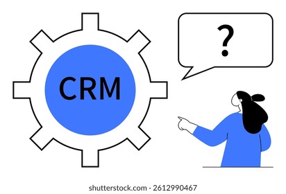 Gear with CRM label and person pointing to speech bubble containing question mark Ideal, for CRM systems customer relationship management technical support training educational materials user