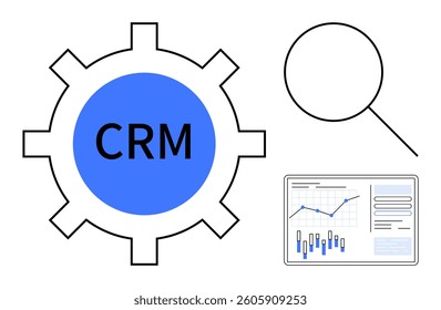 Gear with CRM text, magnifying glass, and analytics dashboard with charts and graphs. Ideal for customer management, data analysis, business strategy, marketing, sales optimization, performance