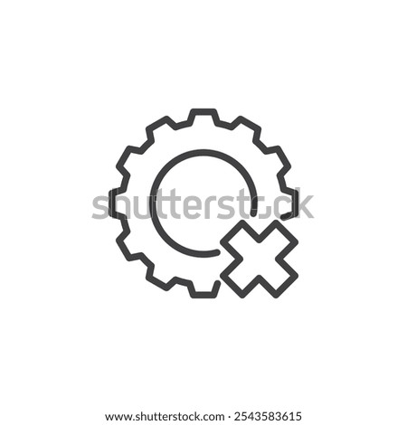 Gear with Cross line icon. linear style sign for mobile concept and web design. Gear and X outline vector icon. Error in settings, malfunction symbol, logo illustration. Vector graphics