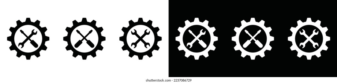 Gear with cross wrench and screwdriver icon set. Car, motorcycle, or engine repair services. Garage service, repair, fix, restore, maintenance symbol illustration