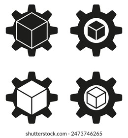 Gear and cube icons. Four black and white. Geometric vector elements. Modern minimalist design.