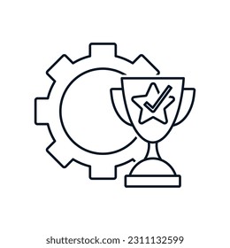 Gear with a cup of victory. Advanced technology. Management and business development.Vector linear icon isolated on white background.