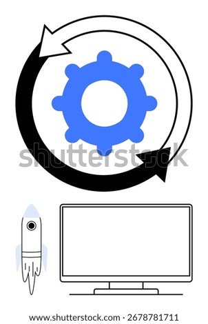 Gear with cycle arrows, rocket launching, and computer monitor below. Ideal for technology, business, startup, process management, innovation workflow automation. Line metaphor