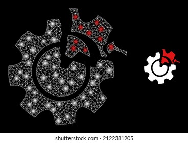 Gear damage icon and glowing net mesh gear damage model with majestic spots. Illuminated model done from gear damage vector icon and polygonal mesh. Illuminated carcass gear damage,