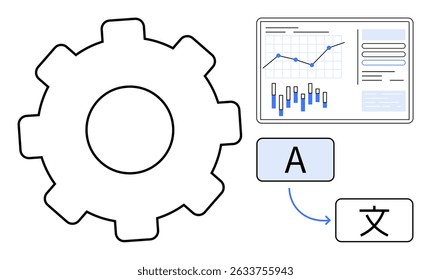 Gear with data analytics graph screen and translation icons depicting A to foreign script, indicating process efficiency and cross-language communication. Ideal for technology, automation, data