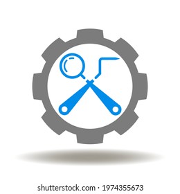 Gear with dentist instruments mirror and probe vector icon. Dental care service symbol.