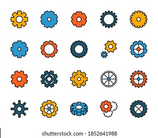 Juego de iconos de diseño de engranajes. Iconos vectoriales de línea delgada para conceptos móviles y aplicaciones web. Iconos de primera calidad en un estilo plano de moda. Colección del logotipo del contorno negro de alta calidad