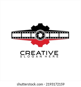 Gear design logo vector with diaphragm and film strip symbol.
