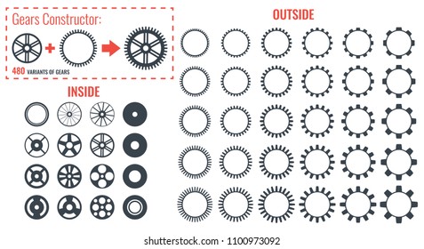 Gear Designer, set of 480 different variants of sharp edges cogwheels. Vector illustration, isolated.
