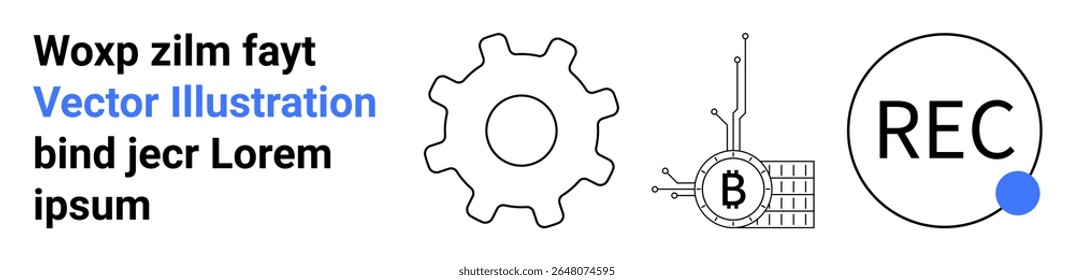 Gear diagram, Bitcoin circuitry, and record button next to text. Ideal for technology, finance, cryptocurrency, broadcasting, engineering, presentations, marketing materials Landing page