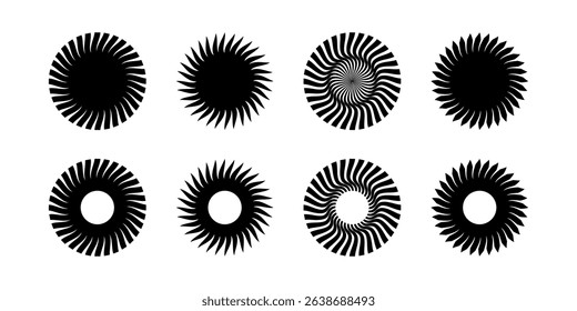 Gear disk silhouettes. Sun symbols. Round swirl icons. Fan, propeller, spinner or pinwheel toy, ventilator signs isolated on white background. Vector graphic illustration.