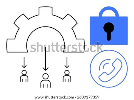Gear distributing tasks to team members with a padlock symbol and a phone icon. Ideal for team management, communication, security, workflow, technology representation. Simple line style