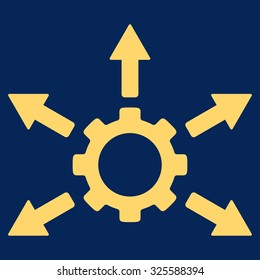 Gear Distribution vector icon. Style is flat symbol, yellow color, rounded angles, blue background.