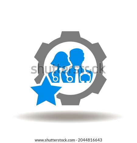 Gear with doctor nurse and star vector illustration. Medical staff skills icon. Medicine workers competence symbol. Healthcare work assessment sign.