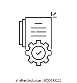 gear with document like technical project icon. linear style trend modern logotype graphic stroke art design isolated on white. concept of simple content symbol or extract info or paper work flow sign