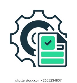 Engranaje con icono de línea de documento, símbolo de esquema para documentación de procesos, generación de informes, administración de datos, creación de políticas y manuales de instrucciones. Icono de signo de Vector.