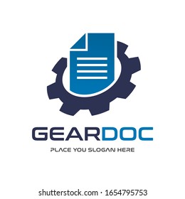 Gear document vector logo template with sheet or page symbol.