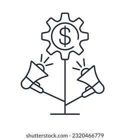 A gear with a dollar and loudspeakers in the shape of a flower. Advertisement for growing financial technology. Vector linear icon isolated on white background.