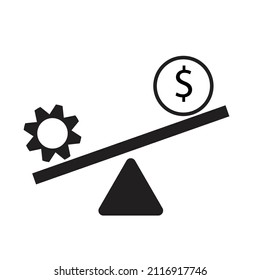 The gear and a dollar on a see-saw balance  - The concept of financial leverage - Money Illustration, vector , icon 