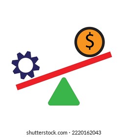 The gear and a dollar on a see-saw balance  - The concept of financial leverage - Money Illustration , vector , icon 