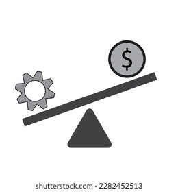 The gear and a dollar on a see-saw balance . Showing skill is better than money  - The concept of financial leverage - Money Illustration , vector , icon 