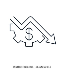 Engrenagem com sinal de dólar e seta para baixo. Ilustração de ícone linear de vetor em fundo branco.