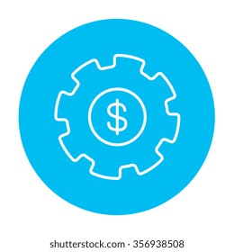 Gear With A Dollar Sign Line Icon For Web, Mobile And Infographics. Vector White Icon On The Light Blue Circle Isolated On White Background.