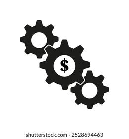 Gear dollar symbol. Money process icon. Financial mechanism vector. Black cogwheel graphic.