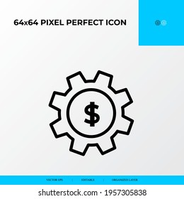 gear with dollar vector line icon style. Financial Process concept icon. 64x64 Pixel perfect