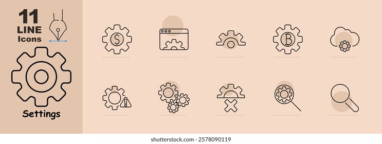 Gear with dollar, web browser, alert, cloud, Bitcoin, cross, and magnifier. Represents customization, financial tools, and technical features.