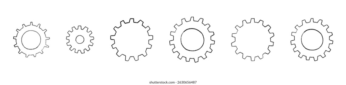Esboço de doodle de engrenagem com conceito de processo de robô. Arte de ferramentas mecânicas. Ilustração de vetor plano isolada em fundo branco.