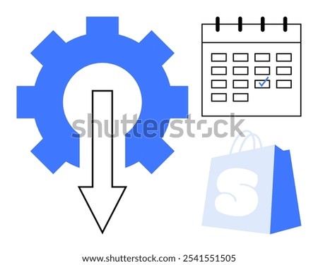 Gear with downward arrow, calendar with checked date and shopping bag symbolize task automation, time management, and shopping trends. Ideal for productivity, ecommerce, scheduling, business