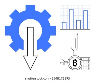 Engranaje con flecha hacia abajo que simboliza la disminución, un gráfico de barras y un bitcoin que representa la criptomoneda. Ideal para análisis financiero, tendencias de mercado, criptomonedas, blockchain y visualización de datos