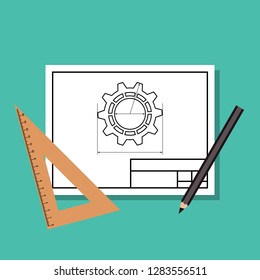 gear drawing on paper with triangle ruler and pencil, engineer workplace concept