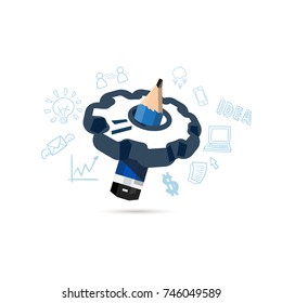 Gear with drawing pencil. creative construction planing concept- vector illustration