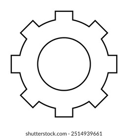 Engrenagem com oito dentes em contorno preto sobre um fundo branco. Ideal para ícones de tecnologia, engenharia, processos mecânicos, personalização e configurações. Estilo simples e minimalista.