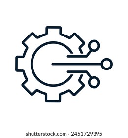 Gear with electronic element. New digital tools. Vector linear icon isolated on white background.