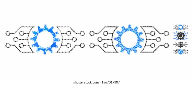 Gear electronic factory composition of joggly elements in variable sizes and color tints, based on gear electronic factory icon. Vector abrupt elements are grouped into collage.
