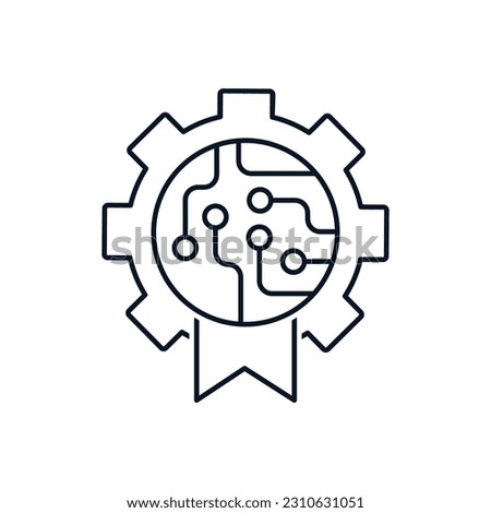 Gear with an electronic microcircuit and a flag. Improved,innovated modernized mechanism. Vector linear icon isolated on white background.