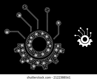 Gear electronics icon and shiny mesh gear electronics model with glowing spots. Illuminated model done using gear electronics vector icon and triangulated mesh. Illuminated frame gear electronics,