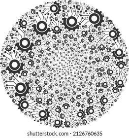 Gear electronics icons are composed into spheric collection. Gear electronics icon spheric mosaic. Abstract spheric cluster mosaic combined with gear electronics items.