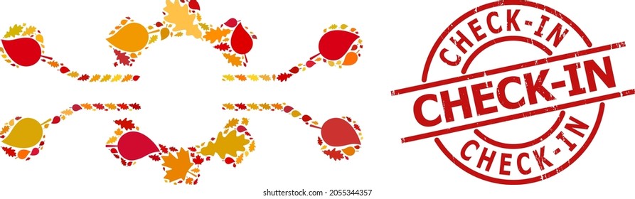 Gear Electronics Integration collage icon organized for fall season, and Check-In dirty stamp. Vector gear electronics integration mosaic is designed with randomized autumn maple and oak leaves.