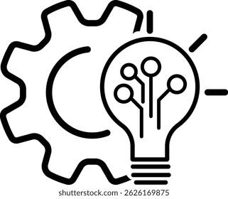Gear, electronics and light bulb icon. Technical electronic innovation. light bulb and gears in a black and white line. in modern design